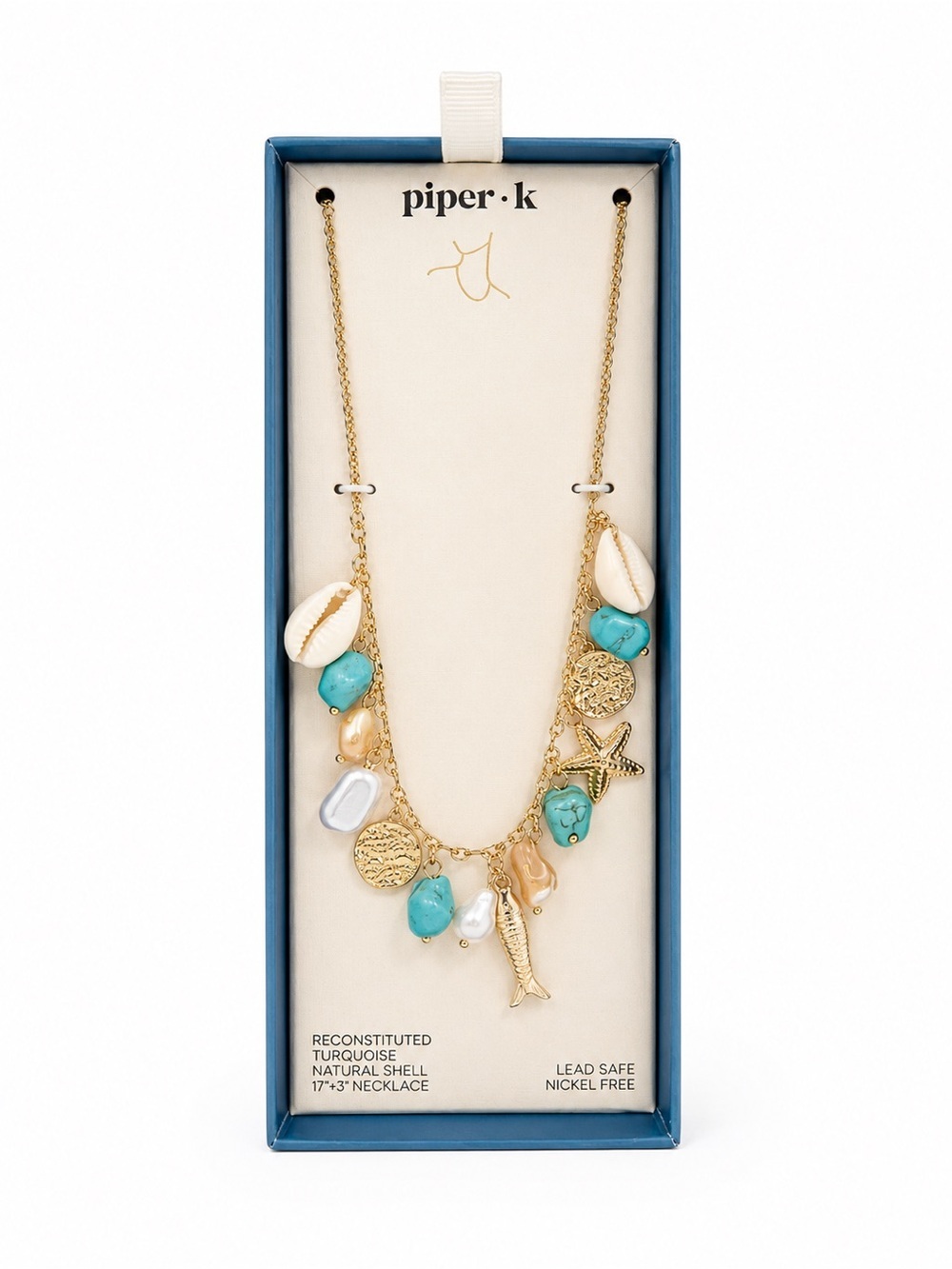 Piper K Beach Charm Necklace Shell Turquoise Gold Tone Coastal Boho NWT